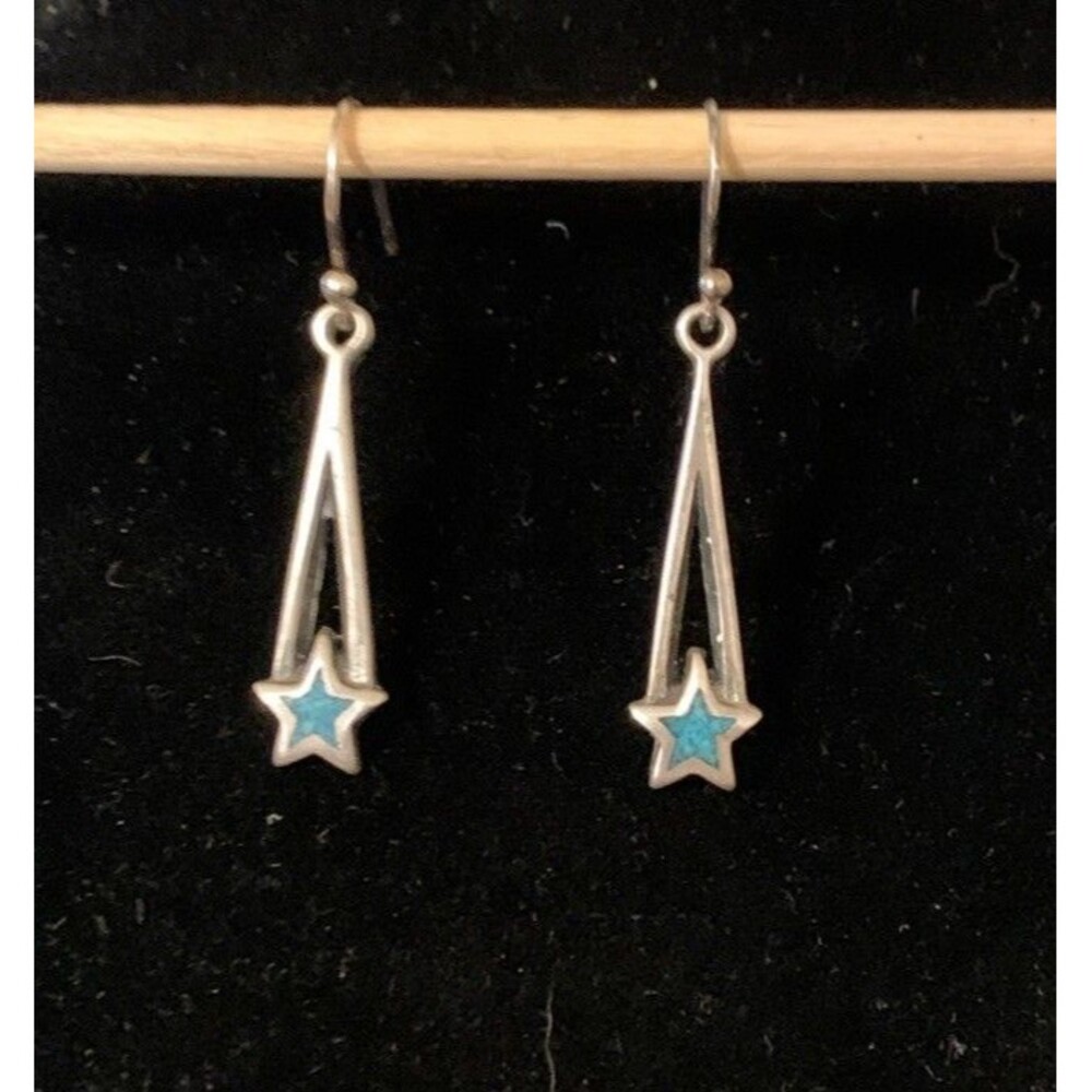 Vintage Silver Crushed Turquoise Inlay Star Dangle Earrings Southwest